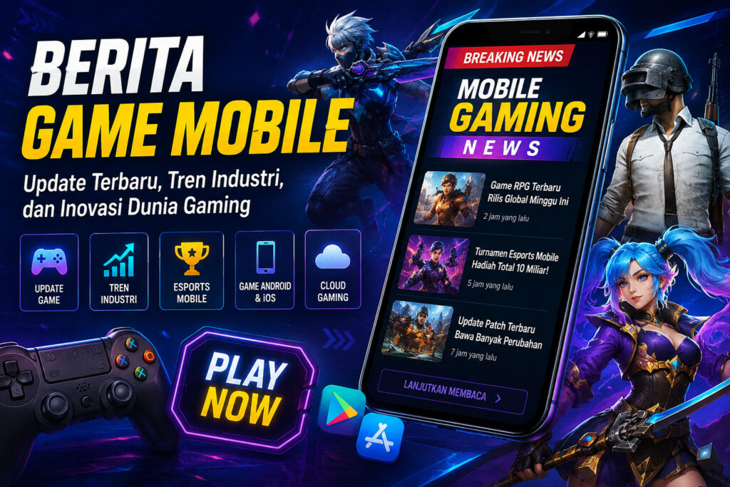 Ilustrasi Berita Game Mobile yang menampilkan smartphone dengan update game terbaru, karakter game, esports mobile, cloud gaming, AI, dan perkembangan industri game digital untuk Android dan iOS.