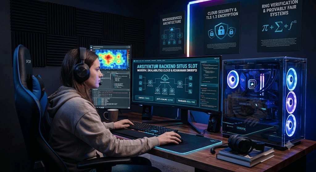 Visualisasi arsitektur backend dan keamanan situs slot modern, menampilkan administrator sistem yang memantau diagram microservices, skalabilitas cloud, enkripsi TLS 1.3, dan sistem verifikasi RNG provably fair di ruang kontrol PC dengan pencahayaan RGB.